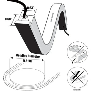 Diagram of flexible LED neon flex strip, showing 0.63" width, 0.60" height, and 11.81" bending diameter.