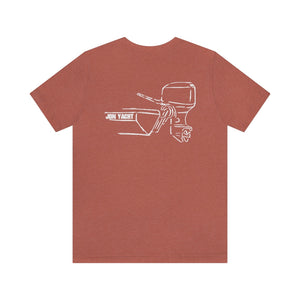 MERC Tiller short sleeve tee in brick red with white "JON YACHT" boat and outboard motor graphic.