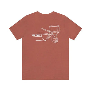 MERC Tiller short sleeve tee in brick red with white "JON YACHT" boat and outboard motor graphic.