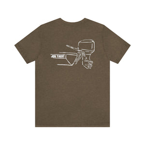 Brown cotton tee with white "JON YACHT" boat and MERC Tiller graphic on the back.