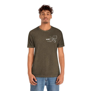 Man in a brown MERC Tiller tee with a white outboard motor graphic on the left chest.