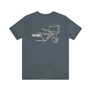 Heather navy cotton tee with white "JON YACHT" boat and MERC Tiller outline design on back.