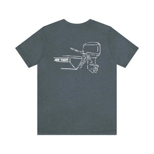 Heather navy cotton tee with white "JON YACHT" boat and MERC Tiller outline design on back.