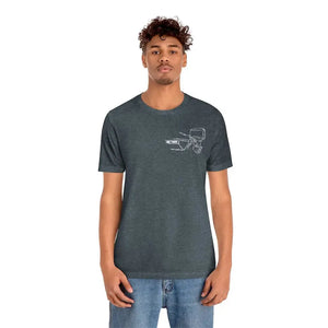 MERC Tiller dark gray cotton tee with a white outline graphic of a boat motor on the left chest.