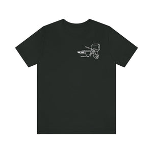 Black MERC Tiller short sleeve tee with white outline graphic of a boat motor.