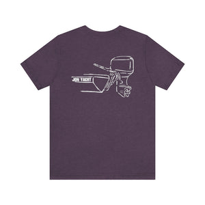 Purple cotton tee with white "JON YACHT" boat and MERC Tiller outboard motor graphic.