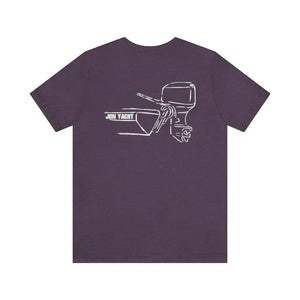 Purple cotton tee with white "JON YACHT" boat and MERC Tiller outboard motor graphic.