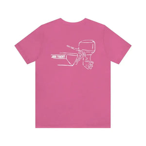 Pink cotton tee with white "JON YACHT" boat and MERC Tiller outline graphic on back.