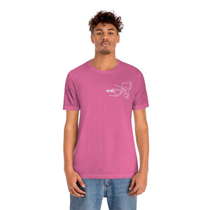 Man in a pink MERC Tiller short sleeve tee with a white boat motor graphic on the left chest.