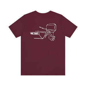 MERC Tiller maroon cotton tee with white "JON YACHT" boat and outboard motor graphic.