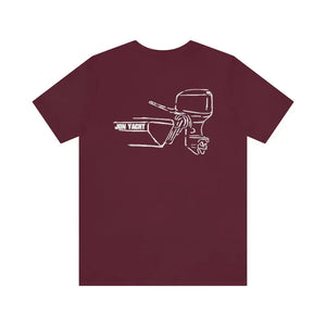 MERC Tiller maroon cotton tee with white "JON YACHT" boat and outboard motor graphic.
