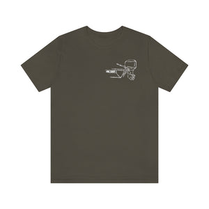 Dark gray cotton tee with a white outline graphic of a boat tiller and outboard motor.