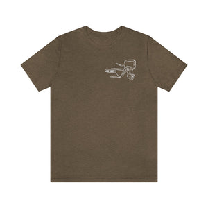 Brown MERC Tiller tee with white outline graphic of a boat motor and "JBL YACHT".
