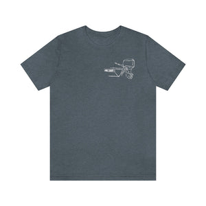 Dark gray cotton tee with a white outline graphic of a boat tiller and outboard motor.