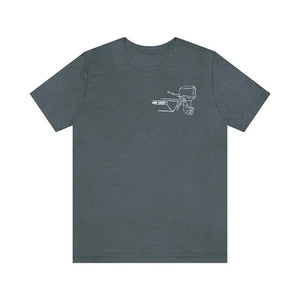Dark gray cotton tee with a white outline graphic of a boat tiller and outboard motor.