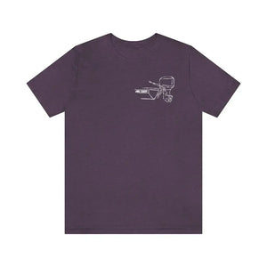 MERC Tiller purple cotton tee with white outline graphic of a boat and outboard motor.