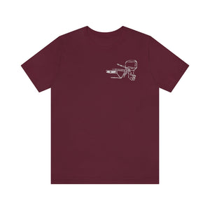 MERC Tiller maroon short sleeve tee with white outline graphic of a boat motor and "JDL YACHT".