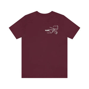MERC Tiller maroon short sleeve tee with white outline graphic of a boat motor and "JDL YACHT".