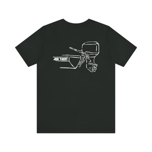 Black MERC Tiller short sleeve tee with white "JON YACHT" boat and outboard motor graphic.