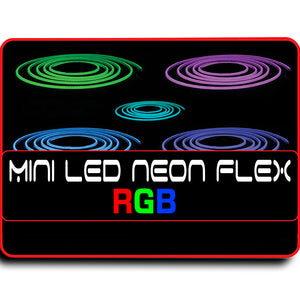Coiled RGB MINI LED Neon Flex in green, purple, light blue, and dark blue, showcasing multi-color changing capabilities.