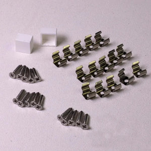 White end caps, silver mounting clips, and screws for MINI LED Neon Flex installation.