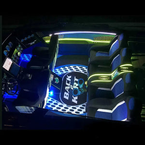 RGBW MINI LED Neon Flex illuminating a boat interior with blue and lime green accent lighting.