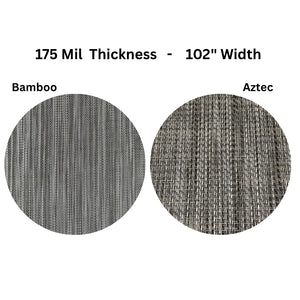 Close-up of MariDeck 175 mil vinyl boat flooring in Bamboo (gray woven) and Aztec (multi-tone woven) textures.