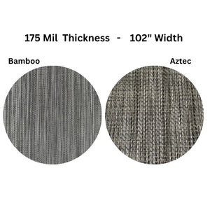Close-up of MariDeck 175 mil vinyl boat flooring in Bamboo (gray woven) and Aztec (multi-tone woven) textures.