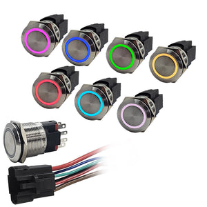 Stainless steel marine push button switches with RGB LED rings in various colors, 22mm diameter.
