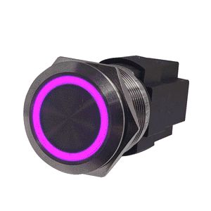 Stainless steel marine push button switch with a vibrant pink LED backlit ring, 22mm diameter.