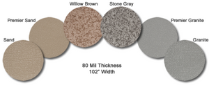 MarineDeck 80 mil vinyl flooring swatches in Sand, Willow Brown, Stone Gray, Premier Granite, and Granite.