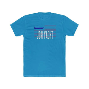 Men's light blue cotton crew neck tee with "JON YACHT" text and boat graphic.