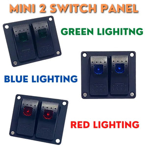 Black aluminum mini 2-switch panel with green, blue, and red lighted rocker switches for boats.