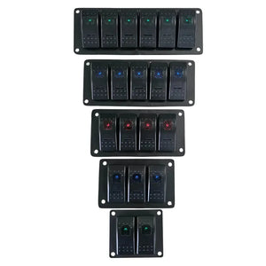 Black aluminum mini switch panels with 2, 3, 4, 5, 6, and 8 lighted rocker switches in green, blue, and red.