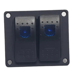 Black solid aluminum mini switch panel with two blue lighted rocker switches and mounting holes.