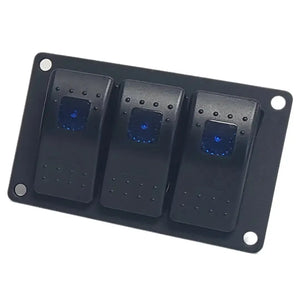 Black aluminum mini switch panel with three blue lighted rocker switches for boats.