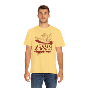 Man wearing a yellow Gildan Mud Rats t-shirt with a red graphic of a rat in a boat.