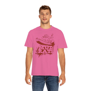 Man wearing a pink Gildan Mud Rats t-shirt with a brown graphic of a rat in a boat.