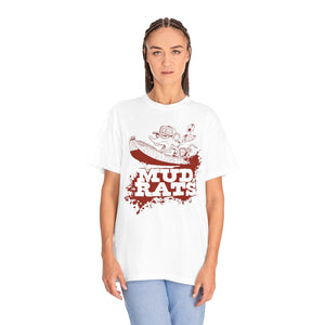 Woman wearing a white, relaxed-fit Gildan Mud Rats t-shirt with a red graphic of a rat in a boat.
