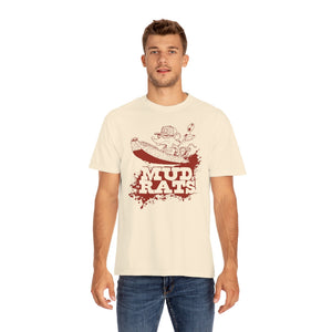 Man wearing a cream Gildan Mud Rats T-shirt with a red rat in a boat graphic.