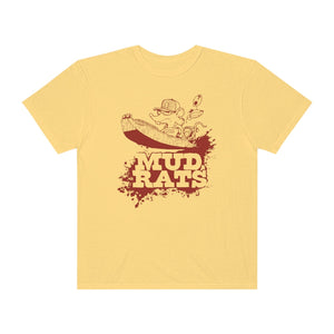 Yellow Gildan Mud Rats t-shirt with a cartoon mouse in a boat and red splash design.