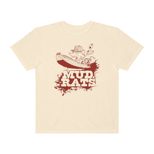 Relaxed fit, garment-dyed cream t-shirt with a red "Mud Rats" graphic featuring a mouse in a boat.