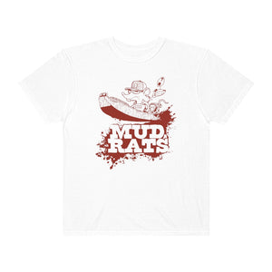 White Gildan Mud Rats t-shirt with a red graphic of a rat in a boat and "MUD RATS" text.