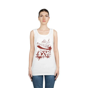 Unisex white cotton Mud Rats tank top with red graphic, classic fit, banded neck and armholes.