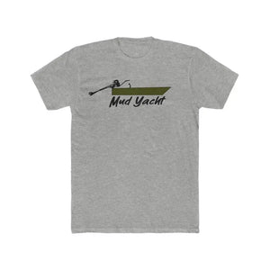 Gray premium fit t-shirt with a green "Mud Yacht" boat graphic and outboard motor.