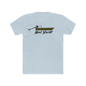Light blue premium fit t-shirt with a dark green Mud Yacht boat graphic and outboard motor.