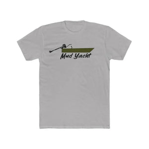 Light gray premium fitted short sleeve t-shirt with a green and black "Mud Yacht" boat graphic.