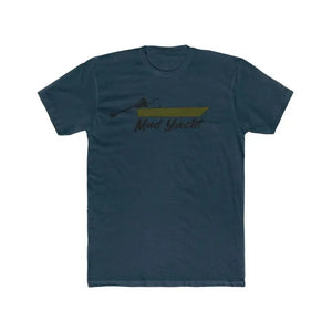 Navy blue premium fitted short sleeve t-shirt with a "Mud Yacht" boat graphic.