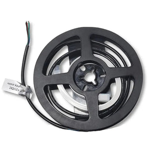 Black reel of flexible, clear 12V RGB LED neon flex strip with black insulated power wire.