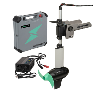 Newport NK300 3HP electric kayak motor with gray battery, black charger, and mint green propeller.